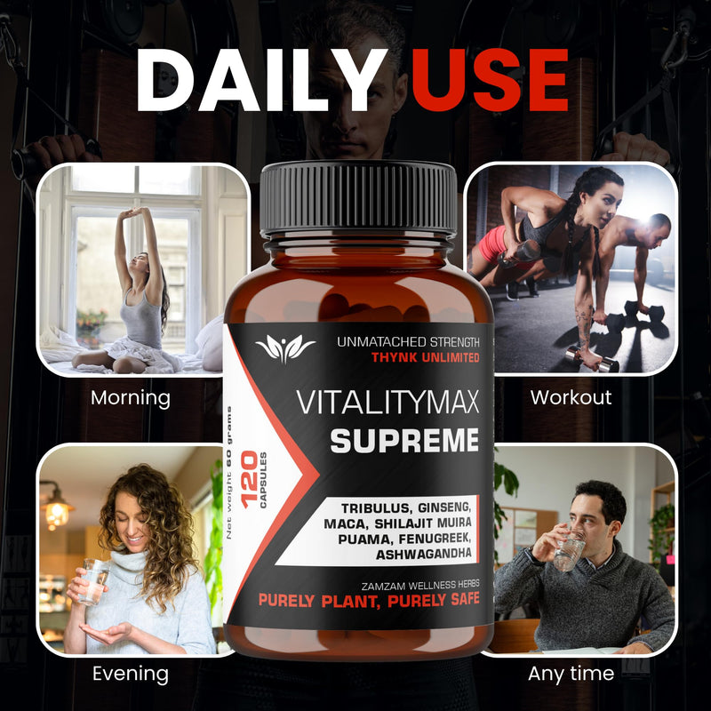 Vitality Max Supreme - Premium Vitality Health Supplement with Fenugreek, Panax Ginseng, Ashwagandha, Maca, Tribulus Terrestris, Himalayan Shilajit - 120 Vegan Supplements Capsules