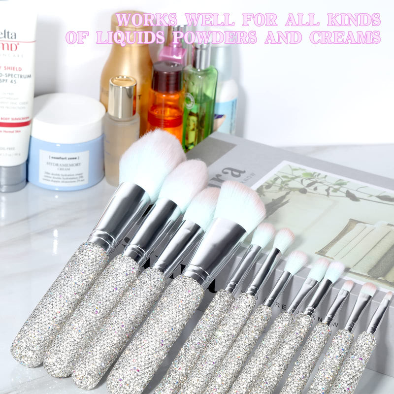 KEYPOWER Large Capacity Glitter Sequin Cosmetic Bag Silver & 12PCS Makeup Brushes Bling Crystal White