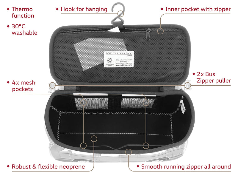 BRISA VW Collection - T3 Bus Camper Toiletry Bag Cosmetic Case | Volkswagen Toiletry Bag Cosmetic Case, Water-Repellent, Hanging Hook, 4 Mesh Pockets for Travel, Bathroom, Neoprene, Large Red Groß (30 x 14 x 12 cm)