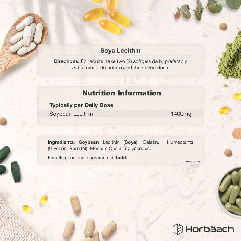 Lecithin Capsules 1400mg | High Strength Soy Lecithin Supplement | Sourced from Soy Beans | 90 Softgels | By Horbaach