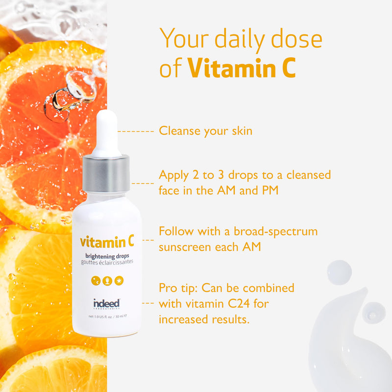 Indeed Labs Vitamin C Brightening Drops | Lightweight Vitamin C Facial Serum | Encapsulated Ascorbic Acid for 15x Absorption | with Moisturizing Tamarind Seed Extract & Biosaccharide Gum-1, (1 Fl Oz)