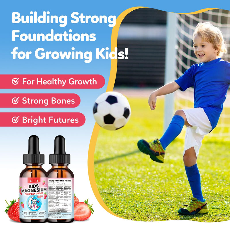 2 Pack Kids Magnesium Liquid Drops - Liquid Magnesium Glycinate for Kids, Citrate Supplement with L-theanine, Omega-3, Vitamin B12, D3 for Sleep, Calm, Relaxation, Brain, Bones, Strawberry 4 Fl Oz 2 Fl Oz (Pack of 2)