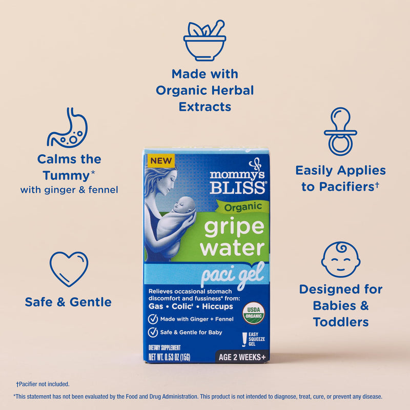 [Australia] - Mommy's Bliss Organic Gripe Water Pacifier Gel for Newborns, Relieves Occasional Stomach Discomfort from Gas, Colic & Fussiness*, Age 2 Weeks +, 0.53 Oz (45 Servings) Organic Gripe Water Gel 