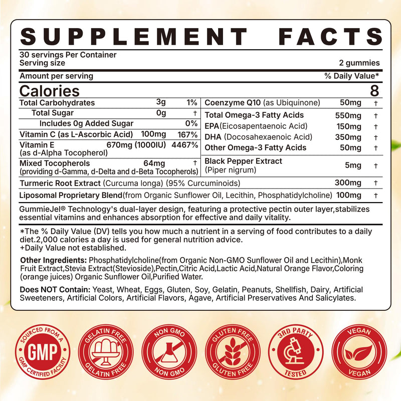 Liposomal Vitamin E Gummies 1000IU, Natural Form of Vit E Mixed Tocopherol | 8-in-1 Antioxidant Formula with CoQ10, Omega-3, Vitamin C & Turmeric | for Skin, Eye, Immune & Brain, 1 PACK
