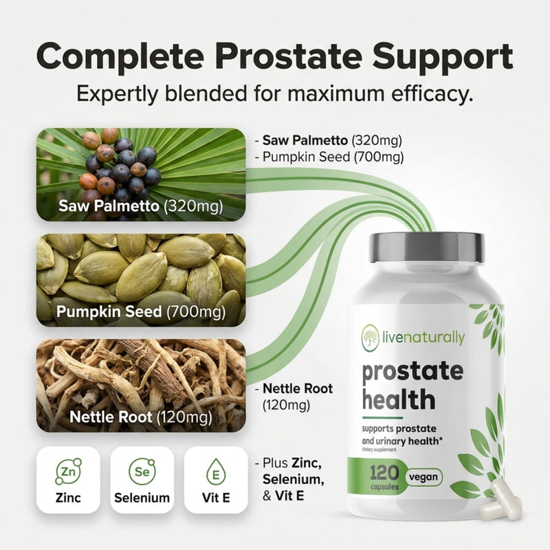 Prostate Health Supplement for Men - Saw Palmetto with Pumpkin Seed, Stinging Nettle, Zinc and Selenium - Supports Urinary Flow and Bladder Comfort - Vegan, 120 Capsules, 60 Day Supply