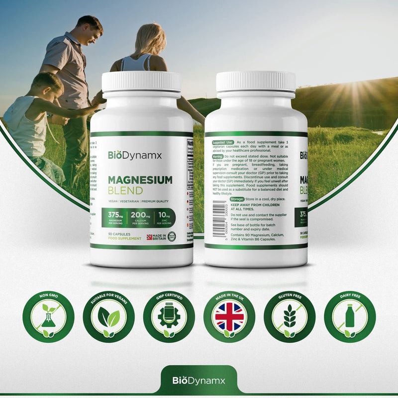Magnesium 3‑in‑1 Complex 375 mg – Glycinate, Malate & Citrate – 90 High Strength Vegan Capsules (30‑Day Supply) | Energy, Recovery & Sleep Support | UK Made, GMP Certified & Allergen Free