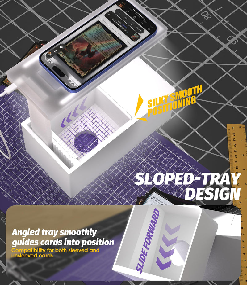 [Australia] - LED Illuminated MTG Card Scanner Stand for ManaBox - 6000K Anti-Glare Lighting, Sloped Drawer, Phone Stand MTG Accessories, Only Available for ManaBox, Only fit for un-Sleeved Cards Only un-sleeved cards 