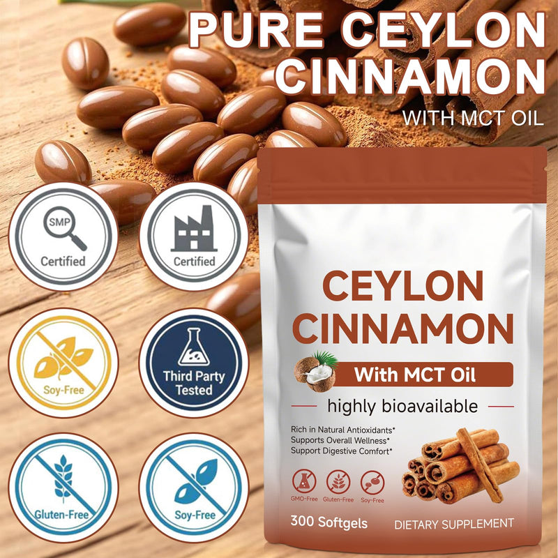Ceylon Cinnamon Softgels with MCT Oil – 600mg Cinnamomum Verum Extract, Easily Absorbed Formula for Daily Wellness Support,300 Softgels, Non-GMO, Gluten Free Food Supplement 1 count (Pack of 300)