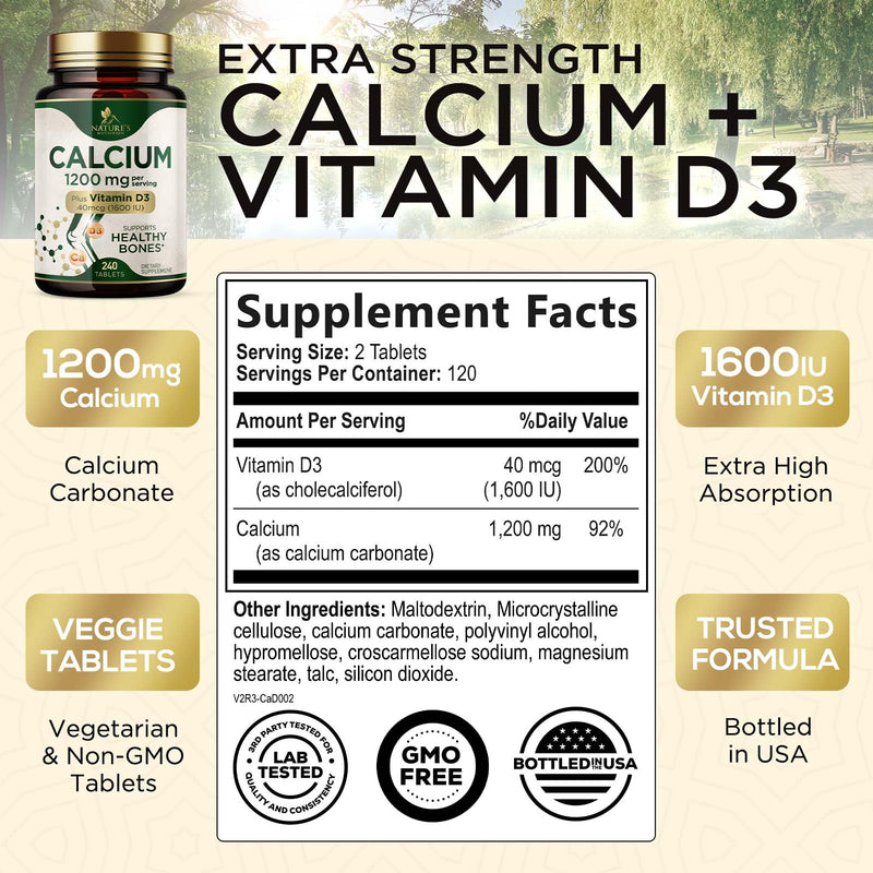[Australia] - Calcium 1200 mg with Vitamin D3, Calcium Supplement Vitamins, Supports Bone Strength, Teeth & Immune System, Calcium Supplements for Women & Men, Nature's Absorbable Calcium Carbonate - 240 Tablets 240 Count (Pack of 1) 