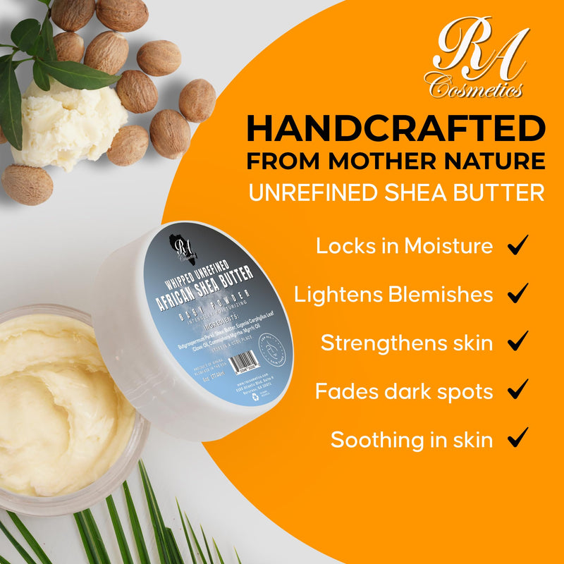 RA Cosmetics Whipped Shea Butter Baby Powder - 6oz | 100% Pure & Natural African Shea Butter for Men & Women - Ultimate Handcrafted Moisturizer with Essential Vitamins for Radiant Skin & Luscious Hair 6 Ounce (Pack of 1)