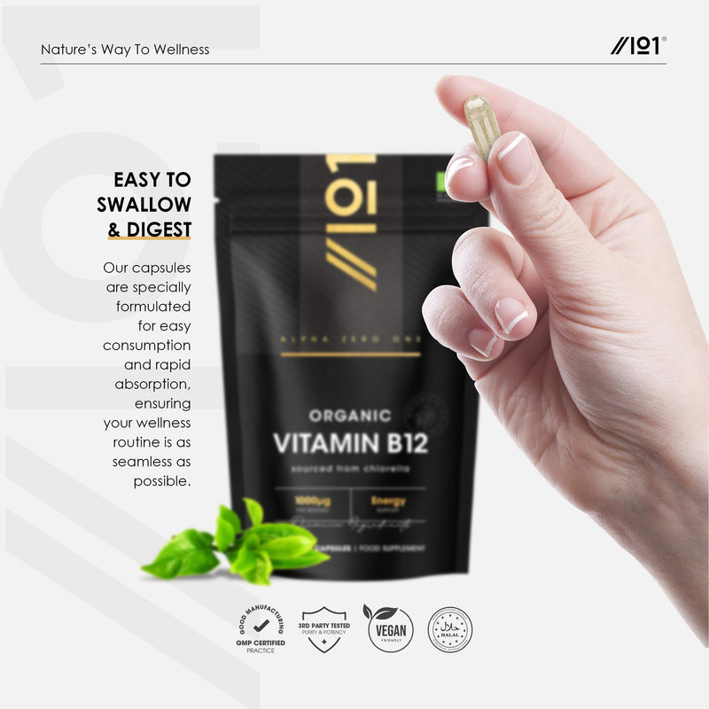 Organic Vitamin B12 1000mcg - Sourced from Chlorella – 60 Vegan Capsules – Contributes to Normal Functioning of the Nervous System - By Alpha01