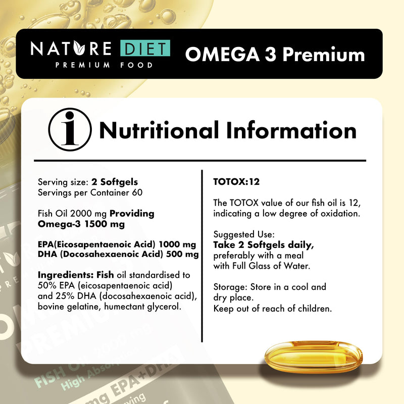 Nature Diet Omega 3 Premium - 2000mg with 1500mg of EPA & DHA - 120 Softgel Capsules of High Strength Omega 3 Fish Oil – 2 Months Supply