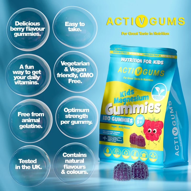 Kids Magnesium 180 Vegan Gummies | Magnesium Citrate 1250mg & Vitamin C 80mg | Support Sleep, Bones, Immune, Energy & Cognition | Resealable & Recyclable Pouch | Suitable for Kids Age 5+ by ActivGums® 180 count (Pack of 1)