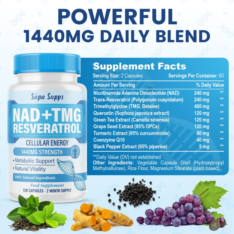 NAD+ TMG, Resveratrol -120 Capsules, 60 Day Supply, Cellular Energy Aid, Methylation Support, Antioxidant Complex, Vegan Friendly, High Strength Formula, NAD Supplements UK, Daily Vitality Support