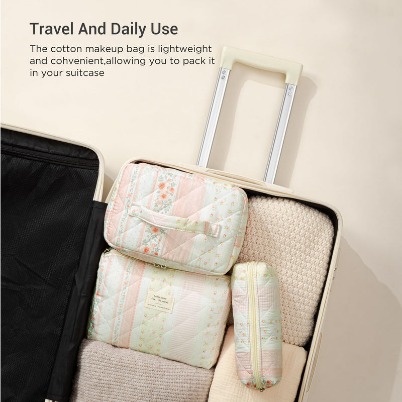 HBselect Quilted Makeup Bag, 3Pcs Cotton Large Travel Makeup Bags Organizer | Cute Floral Make up Bag Cosmetic Bag Toiletry Bag for Women Girls, Makeup Pouch for Skincare, Brushes & Travel Essentials A-3PCS-Floral 46