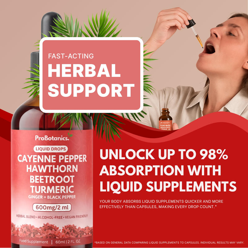 Cayenne Pepper Drops Liquid Extract Supplement | Hawthorn Berry, Turmeric Curcumin, Beet Root, Ginger, Black Pepper for Circulation, Energy and Digestive Health | Alcohol-Free - 60ml