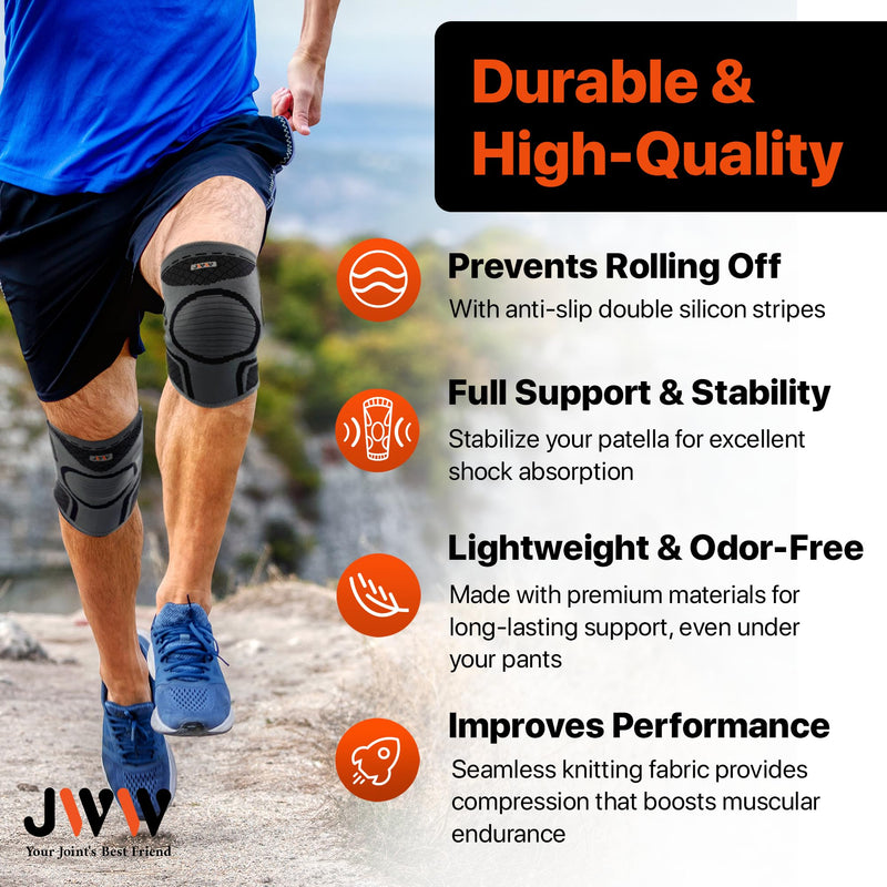 Knee Compression Sleeve, 2 Pack Knee Brace for Women Men Knee Pain Relief, Running Knee Support, Knee Braces for Meniscus Tear ACL Arthritis Recovery, Rodilleras para Gym Fitness (Black, Large) Gray/Black