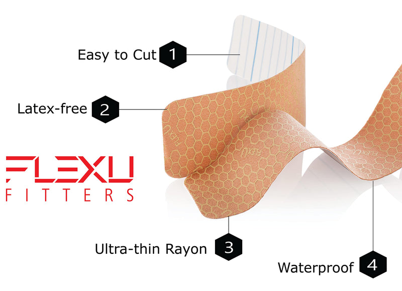 FlexU Kinesiology Tape - 60 2" x 10" Pre-Cut Strips for Lower Back, Knees, & Shoulders; Pain Relief & Support for Muscles & Joints, Shoulders, Knees & Back, Rheumatism, Gout, Osteoporosis (Beige) Beige