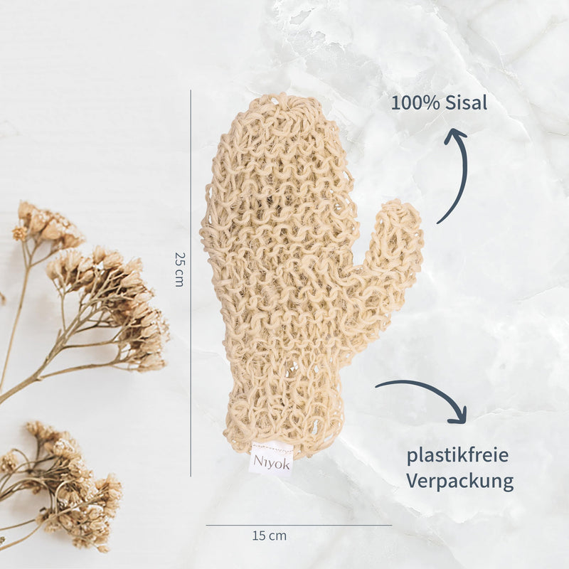 [Australia] - Niyok® massage glove made of sisal • Gentle cleansing & massage for body & face • Natural peeling glove • Body scrub glove • Shower glove for body peeling • Vegan knitted massage glove 