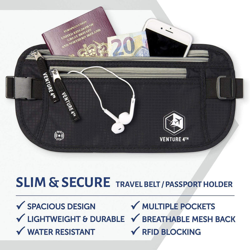 VENTURE 4TH Travel Money Belt Bundle Black and Gray - Slim Passport Holder RFID Blocking Travel Pouch to Protect Cash, Credit Cards and Travel Documents