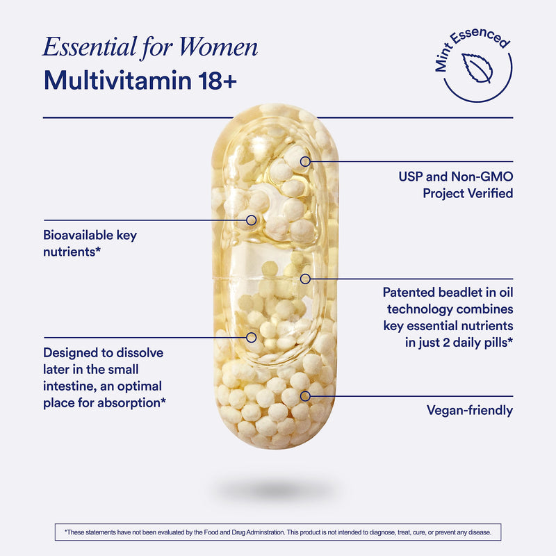 Ritual Women's 18+ Multivitamin - USP Verified - 60 Capsules - 30 Servings | Clinical-Backed - Key Essential Vitamins and Minerals - Support Energy, Heart, Bone, Brain Health* - Vegan - Mint 60 Count (Pack of 1)