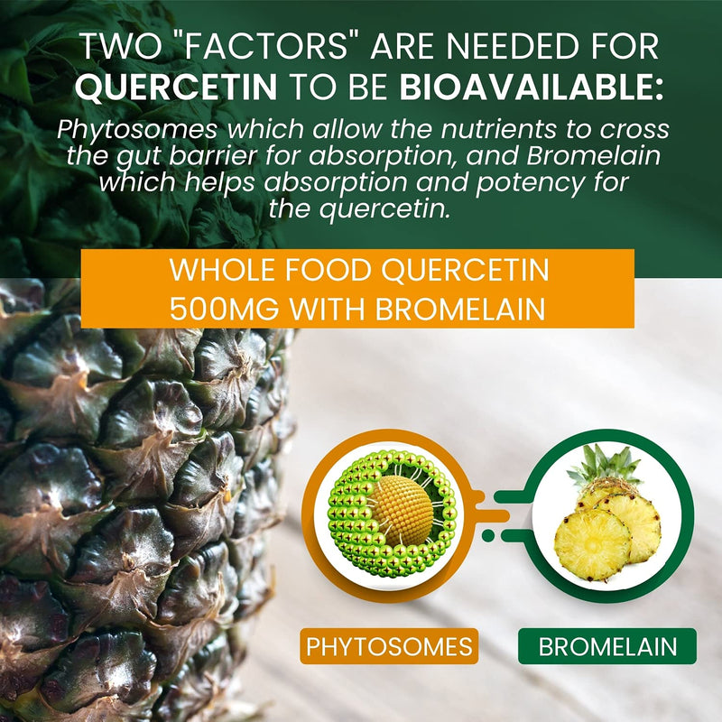 [Australia] - Quercetin with Bromelain 500mg Supplement - Bioactive Phytosome Complex, Pure Organic Whole Food Seasonal Support, Healthy Inflammatory Response, Antioxidant, 20X Absorption & Bioavailability-120 Caps 
