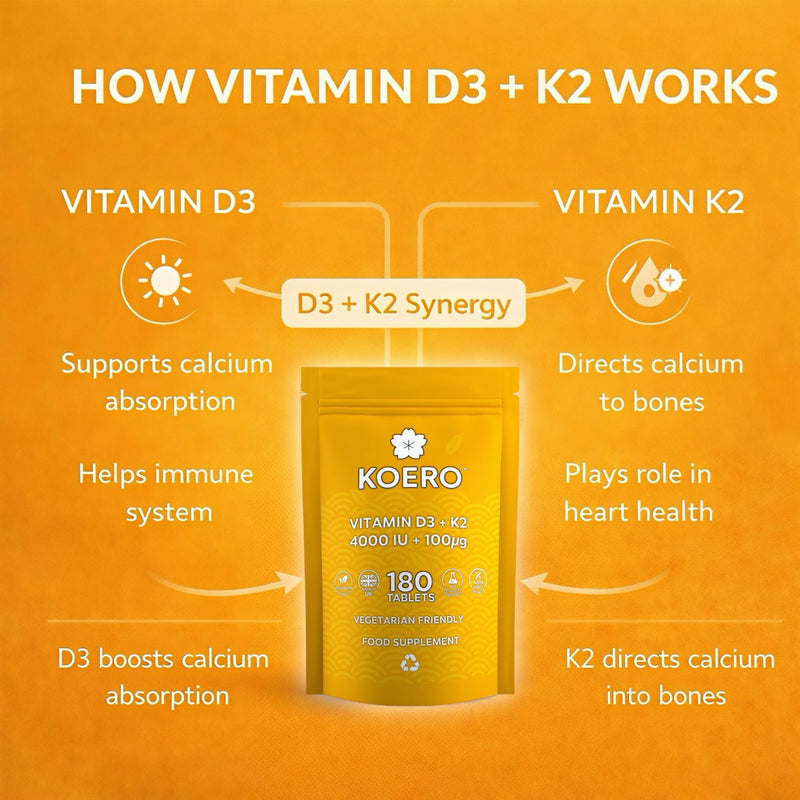 KOERO Vitamin D3 4000 IU + K2 MK7 100mcg – High Strength Daily Tablets – Supports Immunity & Bone Health – 180 Tablets – UK Made