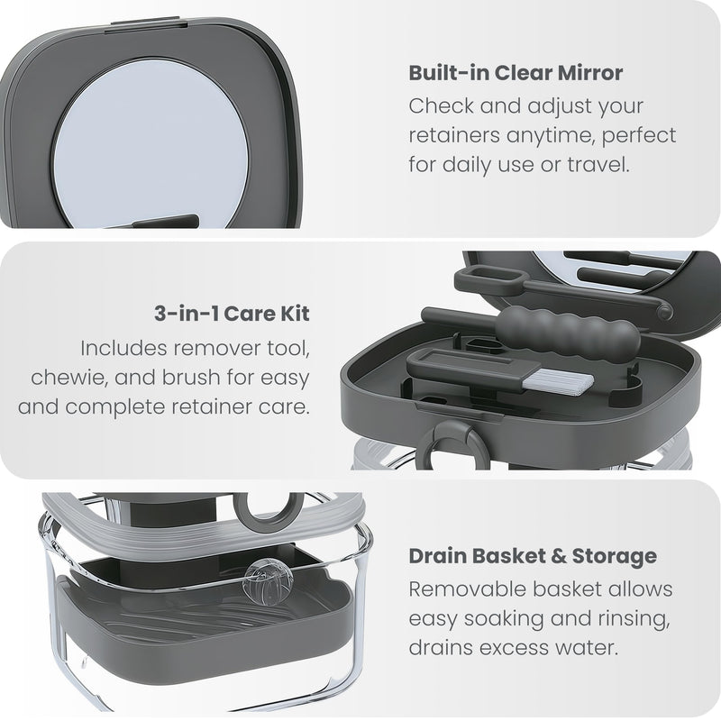 [Australia] - Denture Case Retainer Cleaning Case with Retainer Removal Tool and Brush, No-Leak Denture Bath Box Cup, Complete Clean Care for Clear Braces, Mouth Guard, Night Guard & Retainers (Grey) Grey 