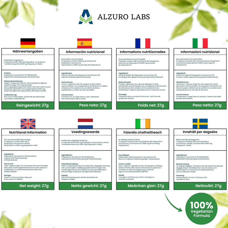 Polypodium Leucotomos | 2,400mg Equivalent | 240mg 10:1 Fern Extract | 90 Vegan Capsules | GMP & 3rd Party Lab Tested