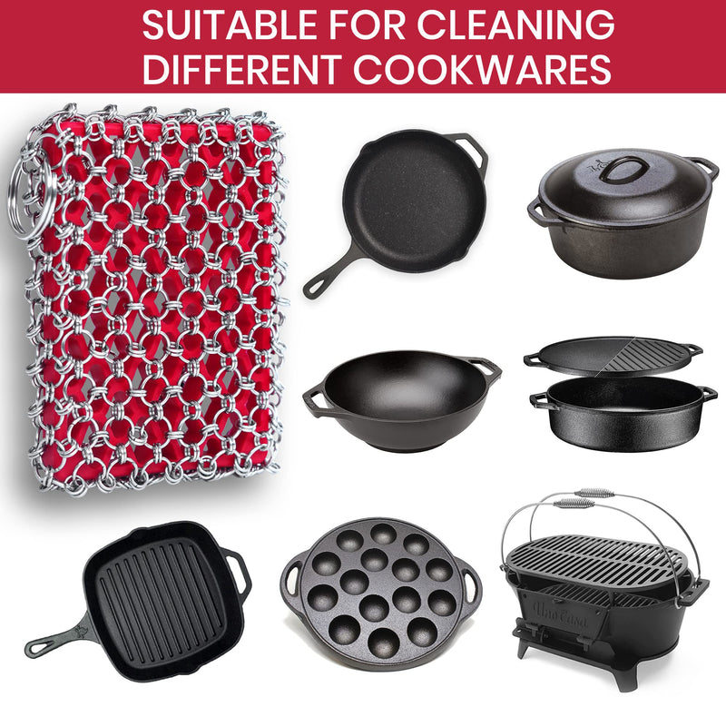 [Australia] - Cast Iron Scrubber with Bamboo Towel - 316 Cast Iron Cleaner Scrubber with Silicone Insert - Cast Iron Chainmail Scrubber for Cast Iron Pans - Cast Iron Skillet Scrubber for Cast Iron Cookware Red CIS with Towel 