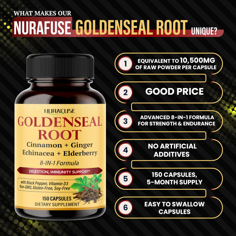 [Australia] - Goldenseal Root 8-in-1 Formula - with Cinnamon Ginger Echinacea Elderberry Black Pepper Vitamin D3 - Non-GMO, Gluten-Free, Soy-Free 150 count (pack of 1) 