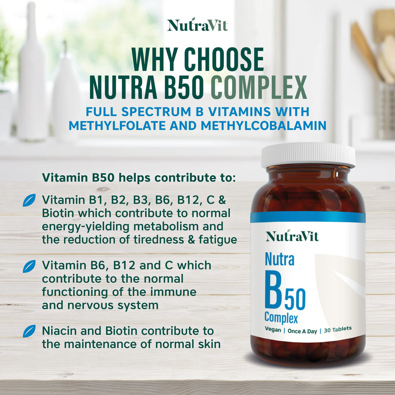 Nutra B50 Complex High Strength | Vegan 30 Tablets| Multivitamin Tablets - Folic Acid, Vitamin B, Vitamin C| Reduce Tiredness & Fatigue Whilst Supporting Your Immunce System - by NutraVit