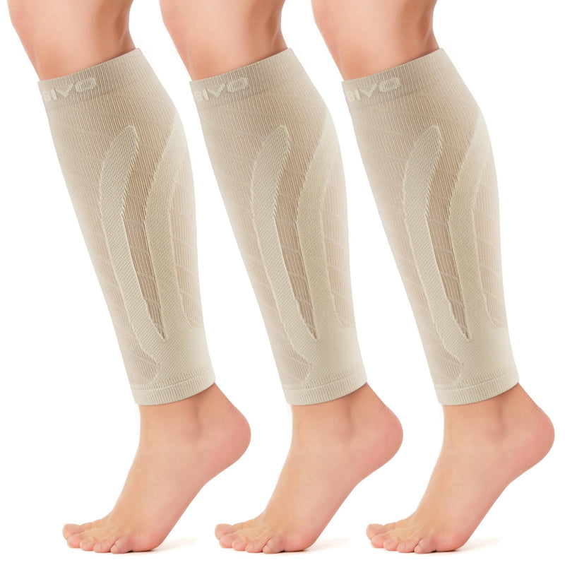 CAMBIVO 3 Pairs Calf Compression Sleeves for Men & Women, Footless Compression Socks for Shin Splints, Pain Relief Small-Medium Beige
