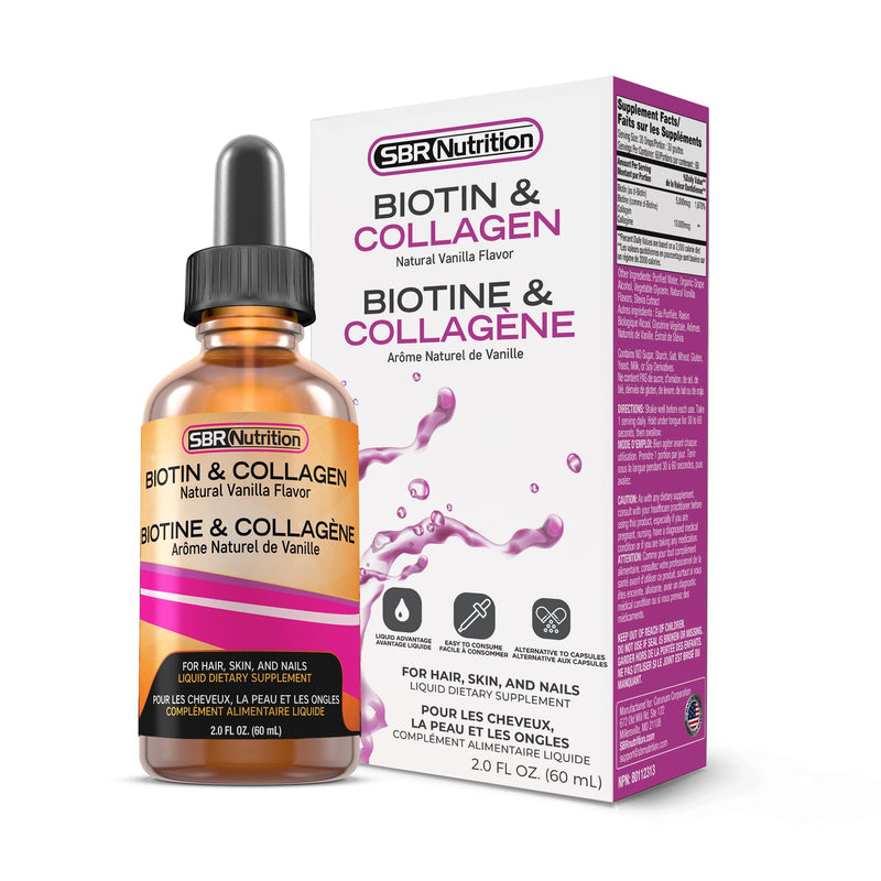 SBR Nutrition Biotin and Collagen Liquid Drops Daily Food Supplement, Vitamins for Hair Growth and Thickening, Skin Health and Nail Strength, 2 oz (60mL)