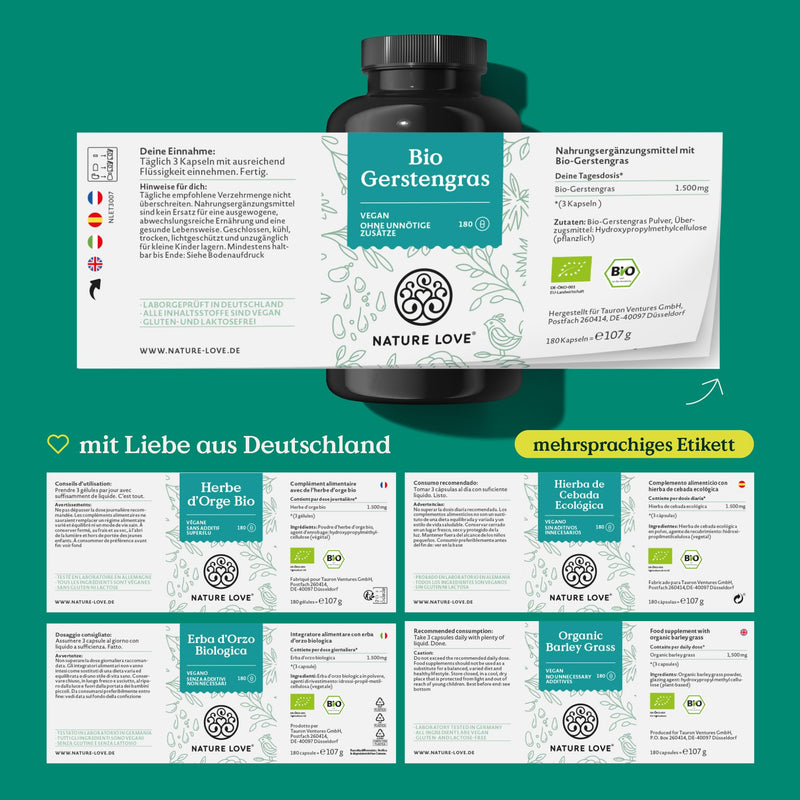 [Australia] - NATURE LOVE® Organic Barley Grass - 1500 mg per daily dose - from German cultivation - 180 capsules - High dosage, laboratory tested, certified organic, produced in Germany 