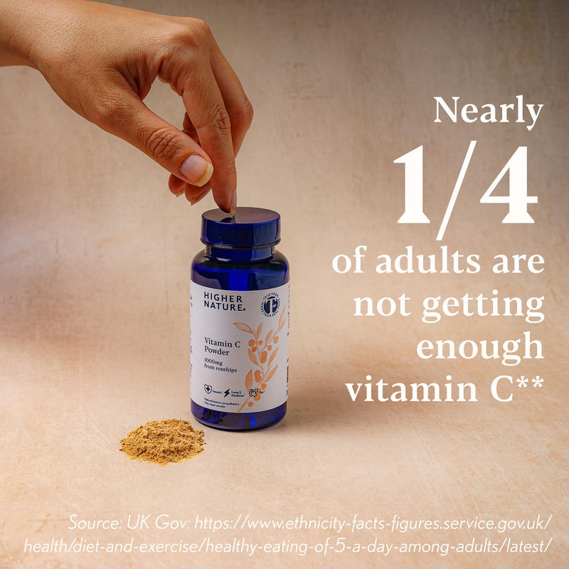 Higher Nature Vitamin C Powder - 1000mg Vitamin C from Rosehips - True Food® Formula - Natural Vit C - Immune System Support - Energy, Beauty, Joint, Bone & Collagen Support - 100% Plant Powered - 66g