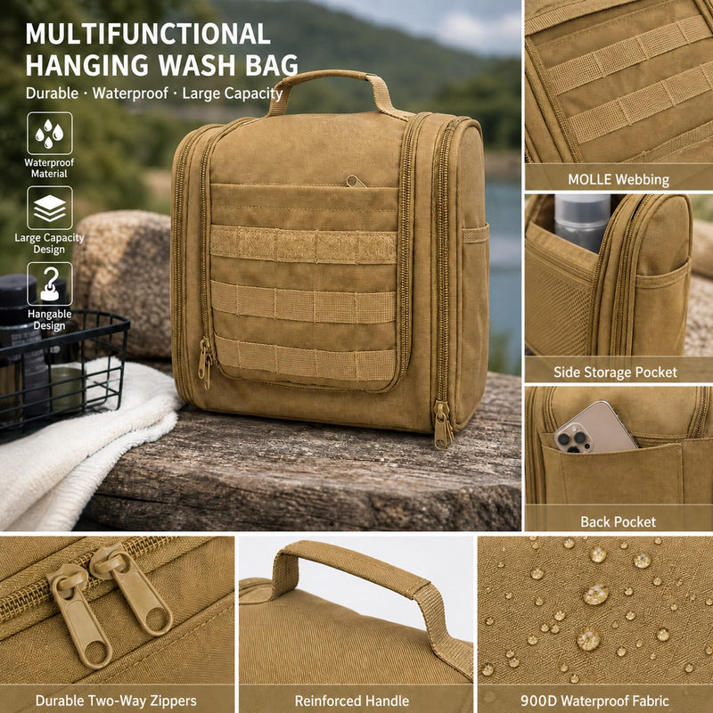 Hanging Toiletry Bag for Men, Mens Travel Toiletry Bag Dopp Kit with Hook | Large Tactical Toiletry Bag,Dry & Wet Pockets,Shower Bag for Toiletries,Travel Hygiene Shaving Bathroom Organizer Bag Khaki