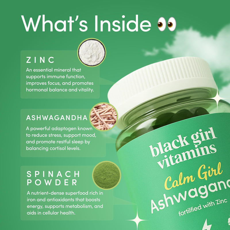 Black Girl Vitamins Calm Girl Ashwagandha + Zinc Gummies Stress Support, Promotes Relaxation & Mental Clarity, Supports Sleep & Immune Health – Doctor-Formulated Daily Vegan Supplement