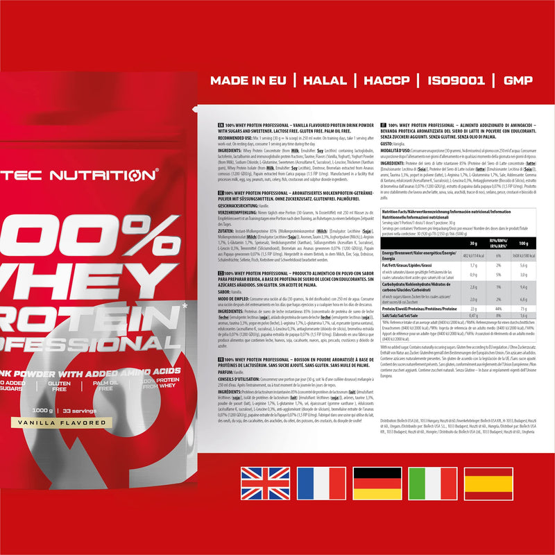 [Australia] - Scitec Nutrition 100% Whey Protein Professional - Enriched with additional amino acids and digestive enzymes - Gluten free - Palm oil free, 1 kg, vanilla 33 servings (pack of 1) 