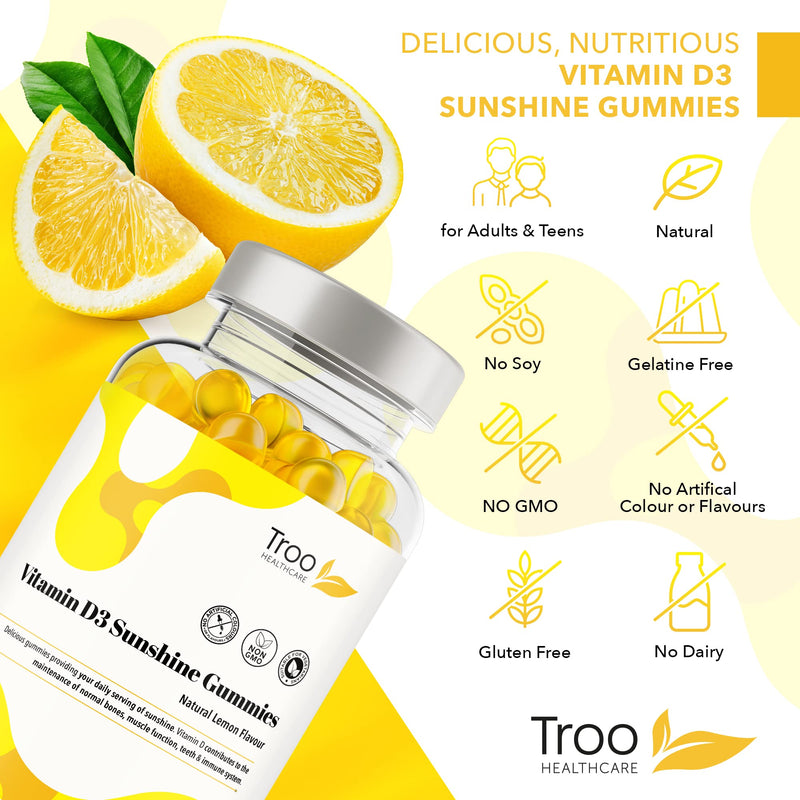 Troo Health Care Vitamin D3 Gummies (1000iu) - Natural Lemon Flavoured - 150 Count for Teens & Adults - 5 Month Supply - Non-GMO, Supports Immune Function, Bone & Teeth Health 150 count (Pack of 1)