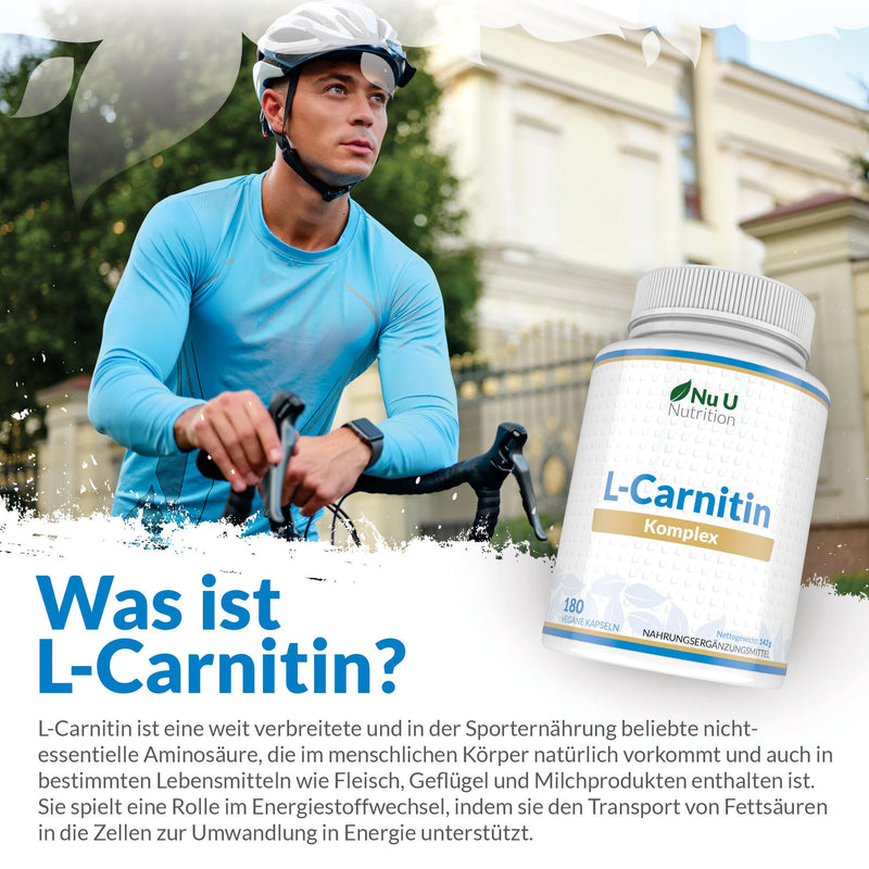 [Australia] - L-Carnitine Complex 2,200mg High Dose - 180 Vegan Capsules - With Riboflavin, Biotin, Chromium, Vitamin D, B3 & B6 - L-Carnitine Tartrate Supplement - Nu U Nutrition 