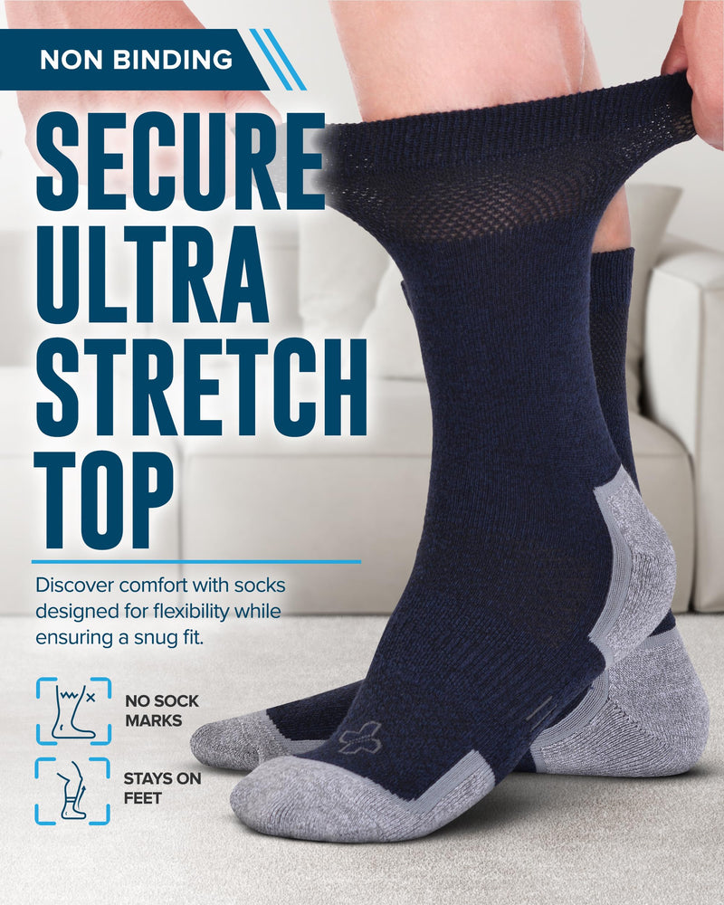 [Australia] - Doctor's Select Bamboo Viscose Diabetic Socks for Men - 3 Pairs Crew Diabetic Neuropathy Socks for Men | Mens Diabetic Socks Large Navy, Tan, Grey 