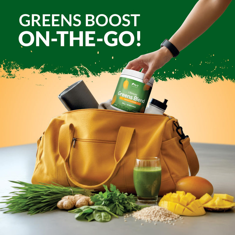 Nu U Nutrition - Super Greens Blend Mango Powder 300g - 17 Active Superfood Ingredients - 60 Servings - Vitamin & Mineral Rich Supplement - 100% Vegan, No Additives