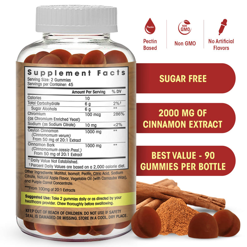 [Australia] - Sugar Free Ceylon Cinnamon Gummies 2000mg /Serving- Sugar Regulation, Joint Pain, Neuroprotective- Cinnamon Supplement with Chromium and Cinnamon Bark- Alternative to Cinnamon Capsules - 90 Chews 