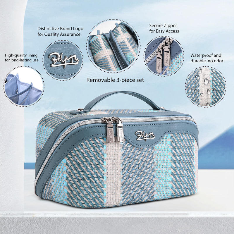 BOYATU Travel Makeup Bag Cosmetic Bag for Women: 3 Pcs Set Make up Bag with Compartments - Waterproof Vegan Leather Toiletry Bags with Handle - Makeup Organizer for Travel Essentials(C-1-Blue) C-1-Blue