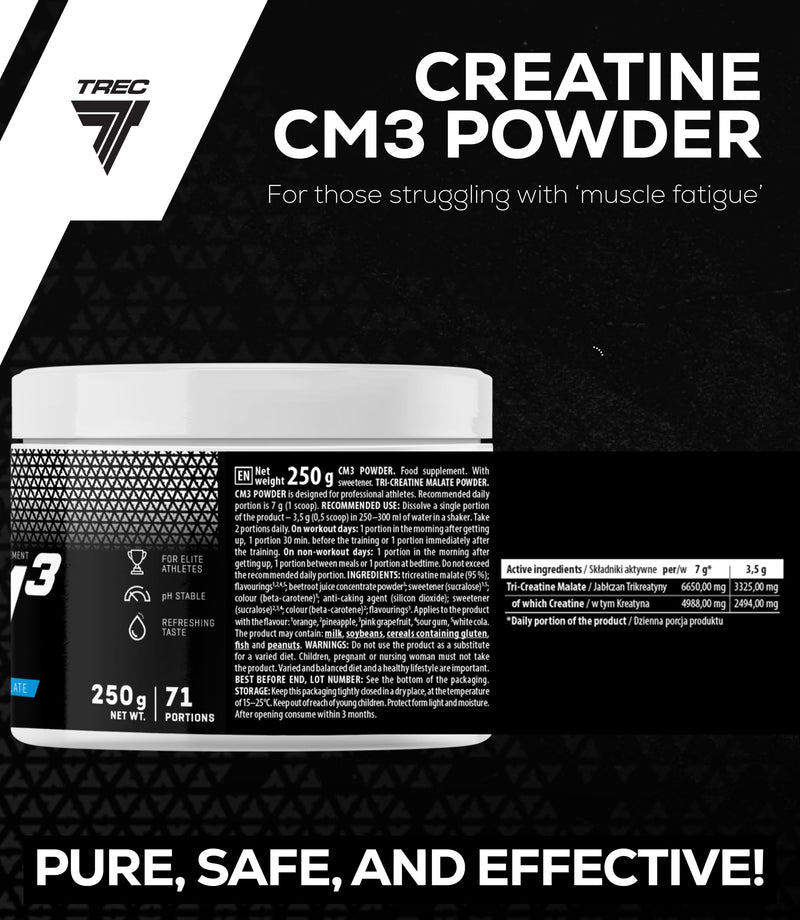 Trec Nutrition CM3 Tri-Creatine Malate Powder for Performance and Muscle Power | 6650 mg Creatine Per Serving | Made in EU (250g, White Cola) 250g