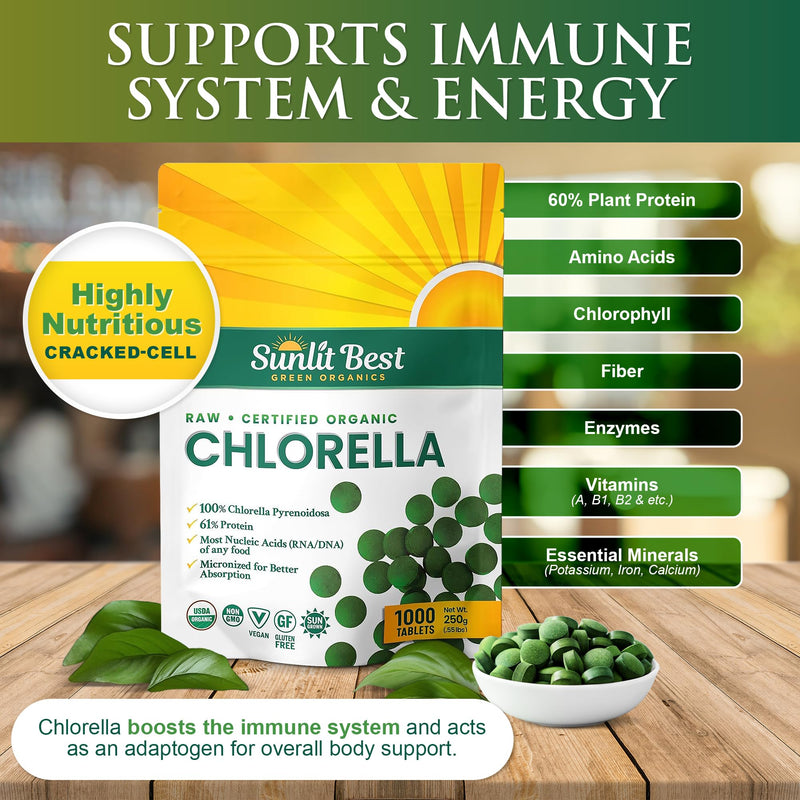 Sunlit Best USDA Organic Premium Chlorella Tablets 1000 Count | 100% Pure Chlorella Superfood Supplement High in Protein, Chlorophyll, Vitamins, & Minerals | Supports Good Health, Wellbeing | USDA Certified, Cracked Cell Wall Absorption, 60% Vegan Prot...