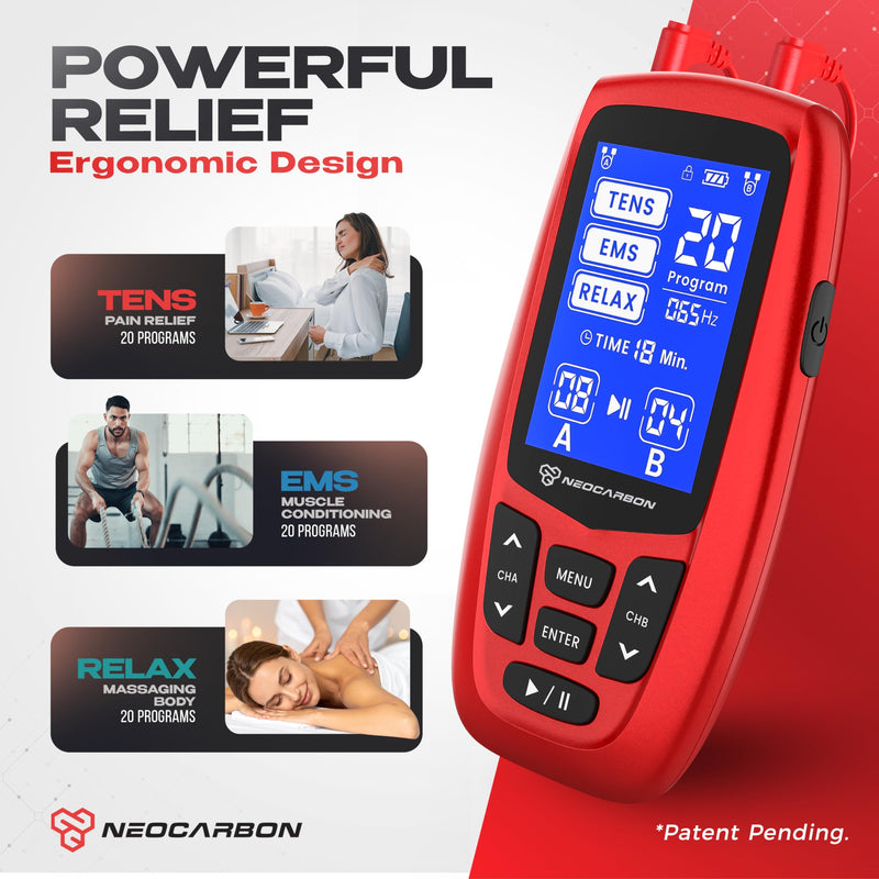 NEOCARBON TENS Unit Muscle Stimulator Ergo Machine for Pain Relief, Red | Advanced Pain Relief & PMS Comfort, Ergonomic & User-Friendly Design, Long-Lasting Power & Portability, Electrode Pads & Kit