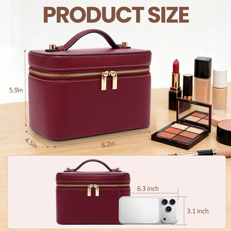 PU Leather Travel Makeup Bag Hard Cosmetic Organizer Vanity Case for Women | Water-resistant exterior wipes clean instantly. Sturdy box structure protects delicate cosmetics and glass skincare bottles Burgundy