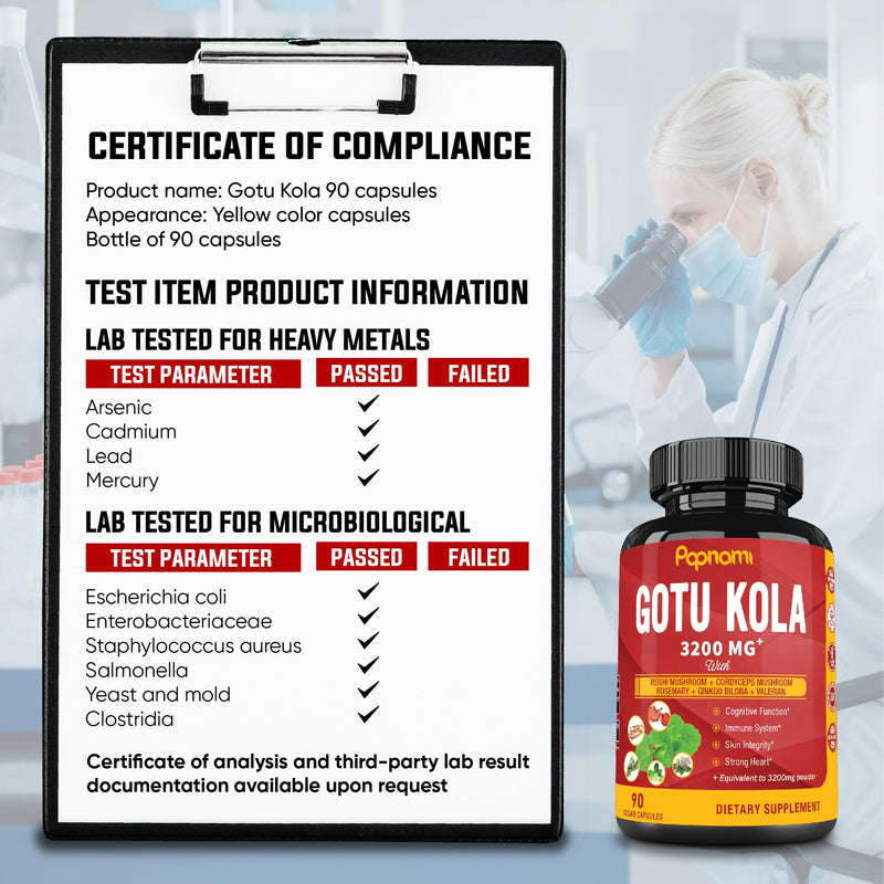 [Australia] - Organic Gotu Kola Extract Capsules - Equivalent to 3200Mg with Reishi, Cordyceps, Rosemary, Gingko Biloba & Valerian Root - 90 Counts for 3 Months - Supports Brain, Immunity, Skin & Heart Health 